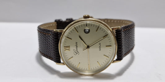 Geneve 9ct Gold Leather Strap Watch, elegant timepiece featuring a 9ct gold case and durable leather strap, perfect for sophisticated wristwear and timeless style.