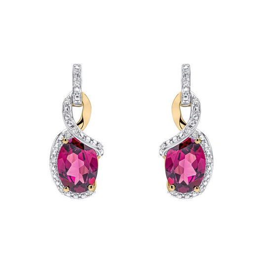 White background with a pair of Elegant Twist Garnet Drop Earrings in 9ct Gold