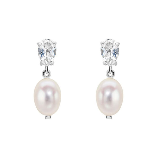 Baroque Pearl and Topaz Drop Earrings in 9ct Gold ge2493w on a white background, featuring lustrous baroque pearls paired with sparkling topaz gemstones set in polished 9ct gold, perfect for adding elegance and sophistication to any jewelry collection.