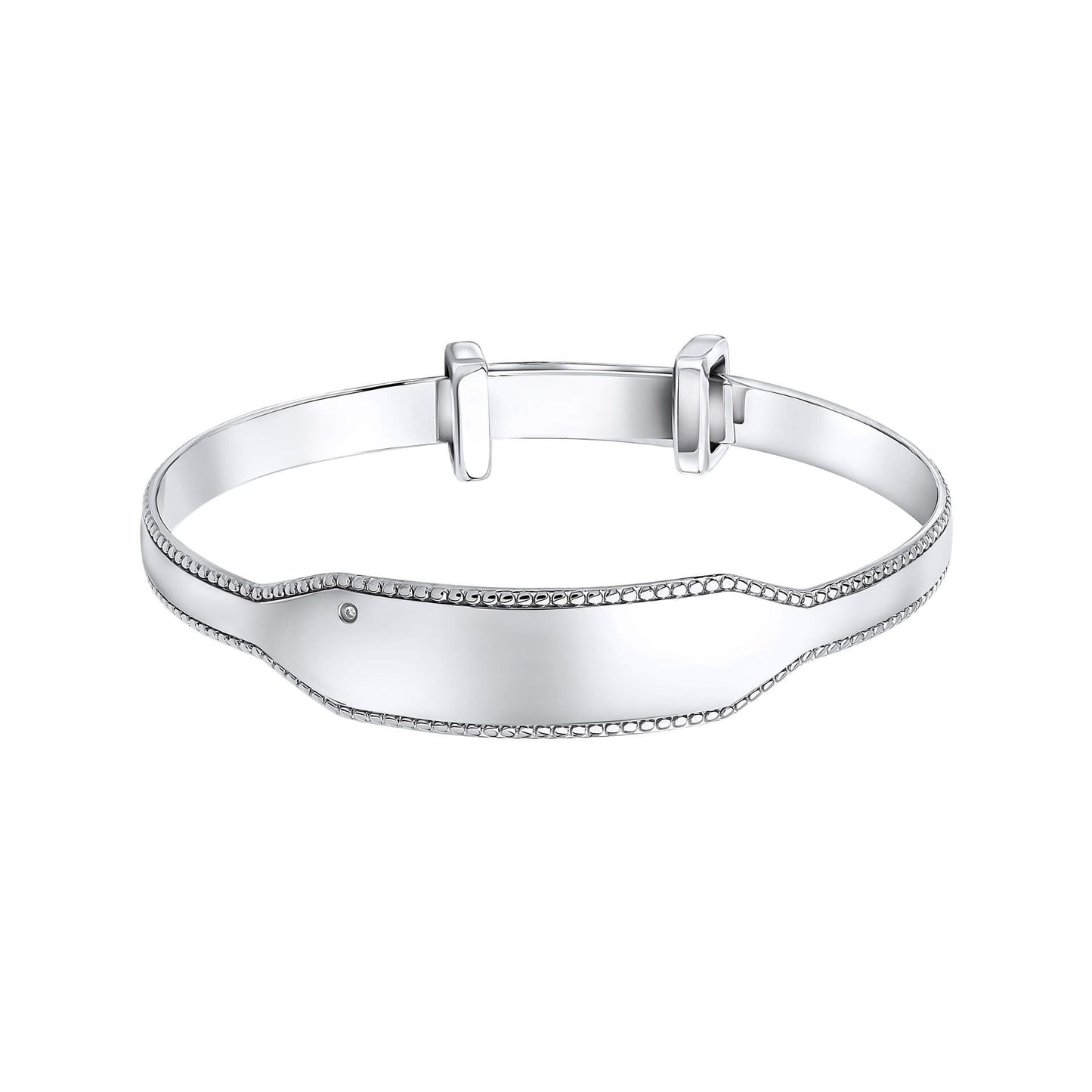 Expandable Silver Engravable Bangle with Diamond for Children and Babies IMG_0022 on a white background, featuring a sleek and polished design with a customizable engraving area and a sparkling diamond accent, perfect as a timeless keepsake gift.