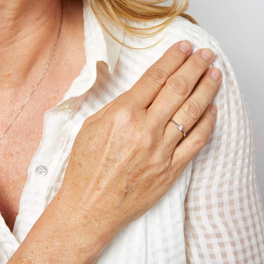 Finger adorned with a Mini Diamond Solitaire White Gold Ring