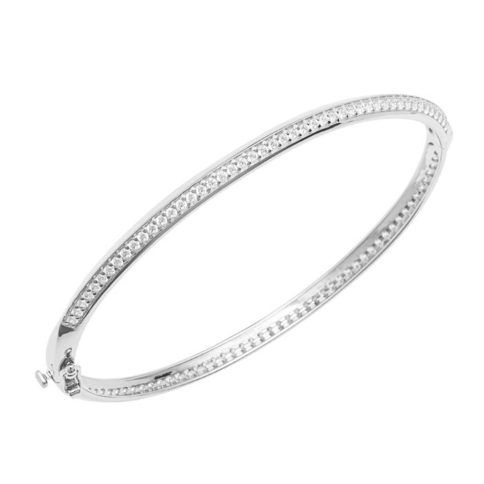 Fiorelli Knife Edge Silver Hinged Bangle with Cubic Zirconia b5380c, on white background, featuring a sleek knife-edge design and sparkling stone accents, perfect for elegant and modern jewelry styling.