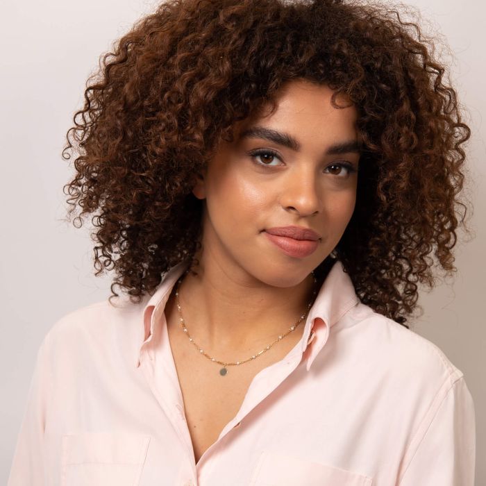 Model wearing Pearl Station Necklace with Engravable Disc in 9ct Gold gn387w, elegant personalized jewelry featuring pearls and a custom disc, perfect for gifts or special occasions.