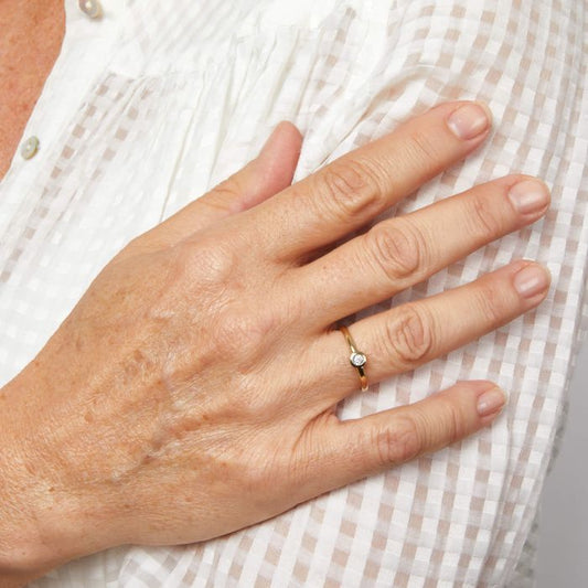 Model wearing Rounded Bezel Diamond Ring in 9ct Gold gr633, featuring a classic bezel-set diamond in polished 9ct gold, perfect for adding timeless elegance and sophistication to any outfit.