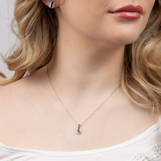 Model wearing Sapphire Channel and Diamond Necklace in 9ct Gold gn403l, featuring deep blue sapphires set in a sleek channel design with sparkling diamond accents, perfect for an elegant and sophisticated jewelry piece.