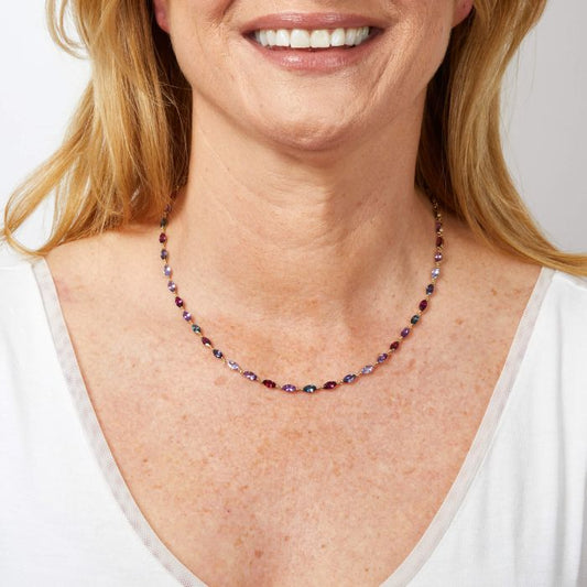 Model wearing Semi-Precious Navette Necklace in 9ct Gold gn407, featuring a stunning row of semi-precious gemstones set in an elegant navette design with polished 9ct gold, perfect for adding sophistication and elegance to any outfit.