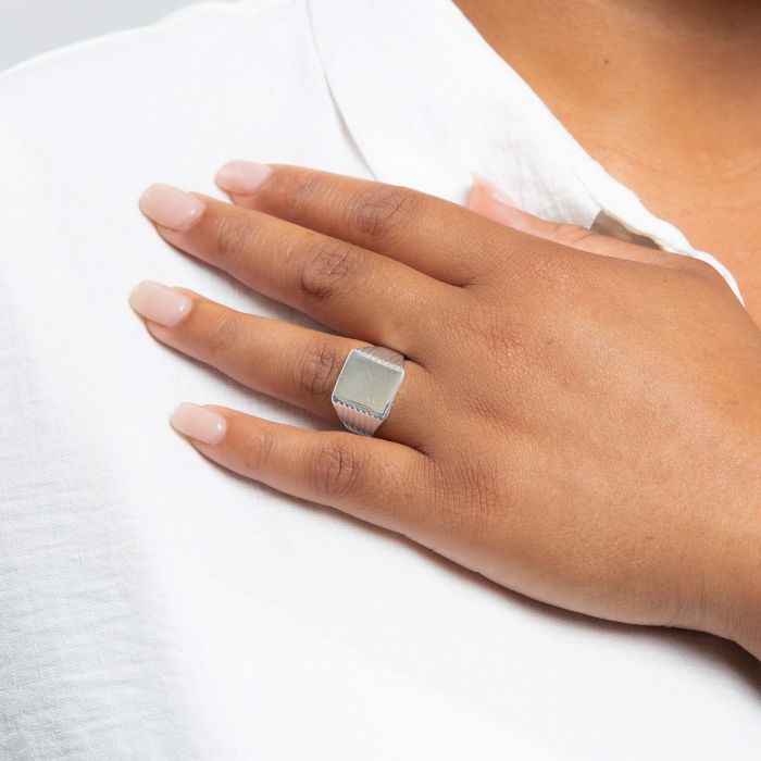 Square shaped personalisable Signet Silver Ring with Ridged Sides