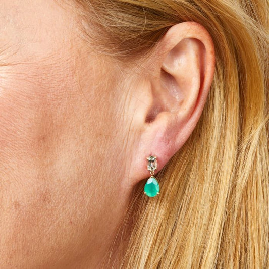 Model wearing Toi et Moi Amethyst and Onyx Drop Earrings in 9ct Gold ge2476g, featuring a striking deep purple amethyst and bold black onyx gemstone set in polished 9ct gold, symbolizing unity and contrast, perfect for adding elegance and sophistication to any outfit.