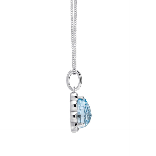 White Gold Sky Blue Topaz Flower Bud Pendant necklace from side on white background