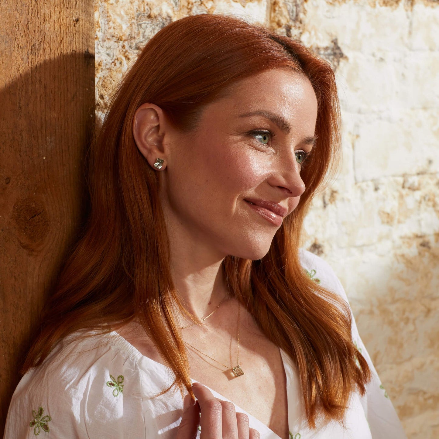 Model wearing Octagonal Fancy Cut Amethyst Necklace in 9ct Gold gn408g, paired with matching Octagonal Fancy Cut Amethyst Earrings ge2485g and coordinating necklace gn365, featuring striking octagonal-cut amethyst gemstones set in polished 9ct gold, perfect for a coordinated and elegant jewelry look.