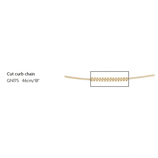gold diamond cut curb chain on white background with measurement details GN175 46cm/18"