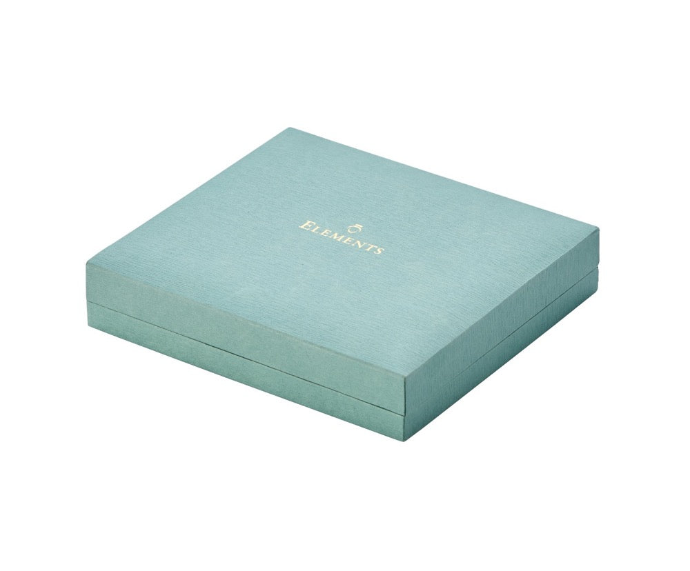 Teal jewelry box with 'ELELEMENTS' logo on a white background. jewellery box that all gold jewellery arrive in when purchased from Silverage London complimentary box