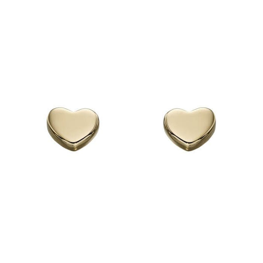 9ct gold plain heart stud earrings showcased on plain white background showing its elegance and divine craftmanship.  weather worn as a stand alone earring or stacked this studs is great for simple every day wear and durable for just that. ideal for back to school students.