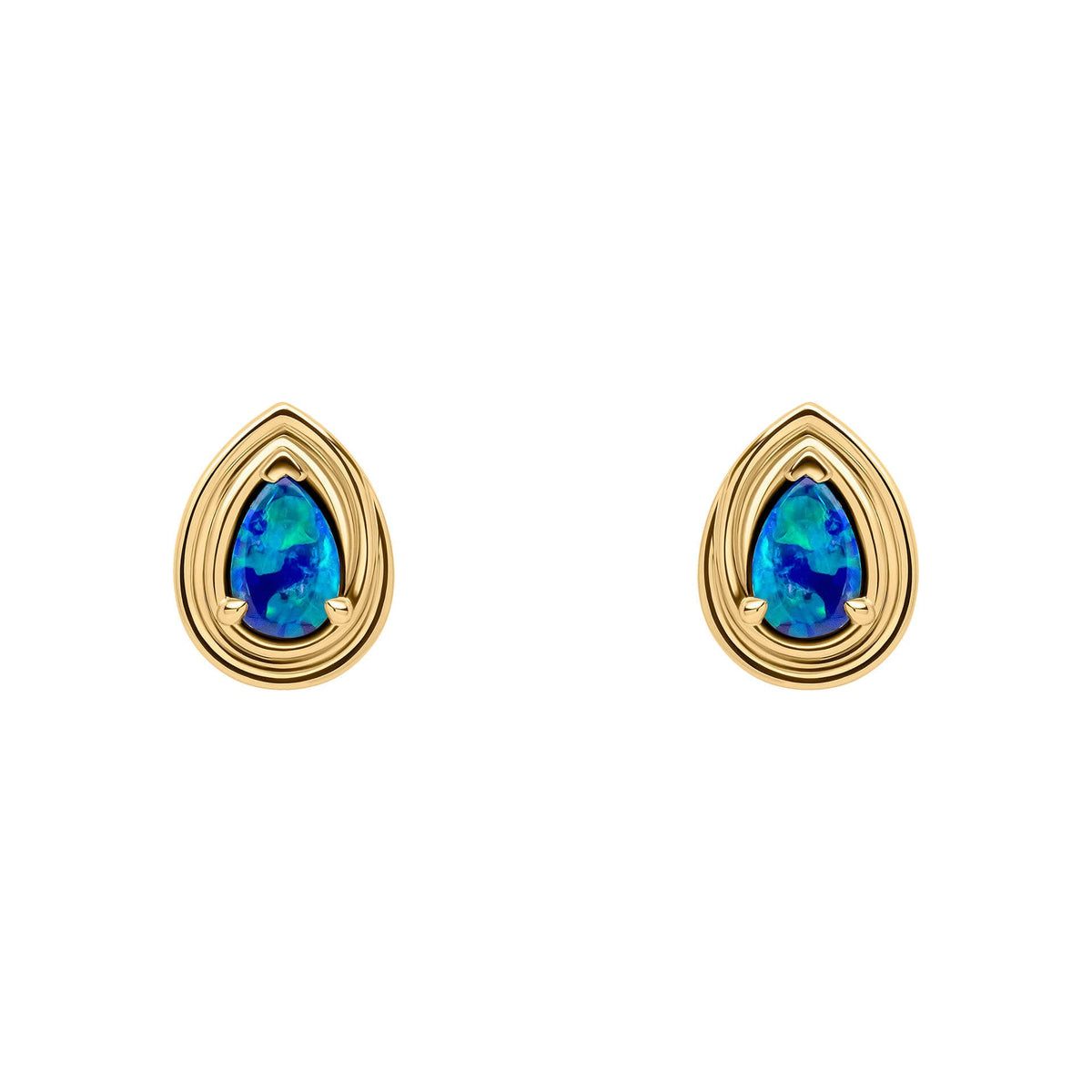 9ct Gold Australian Blue Opal Doublet Teardrop Stud Earrings on white background 