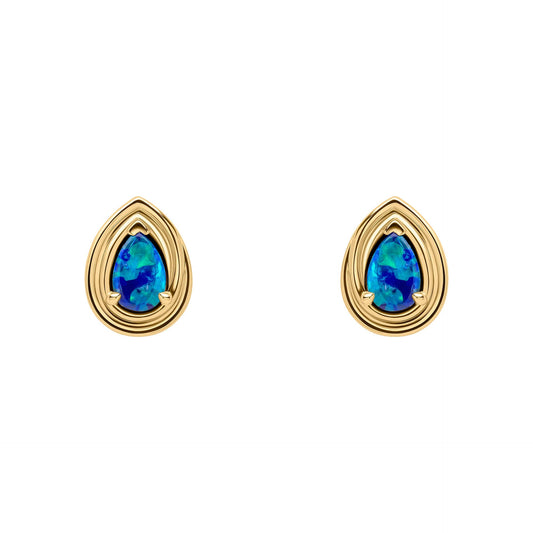 9ct Gold Australian Blue Opal Doublet Teardrop Stud Earrings on white background 
