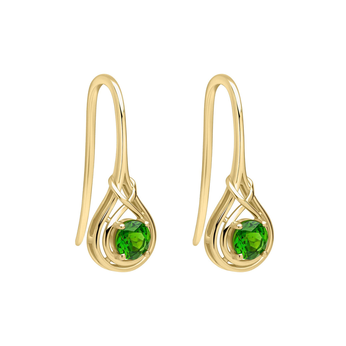 9ct Gold Celtic Chrome Diopside drop hook earrings on white background