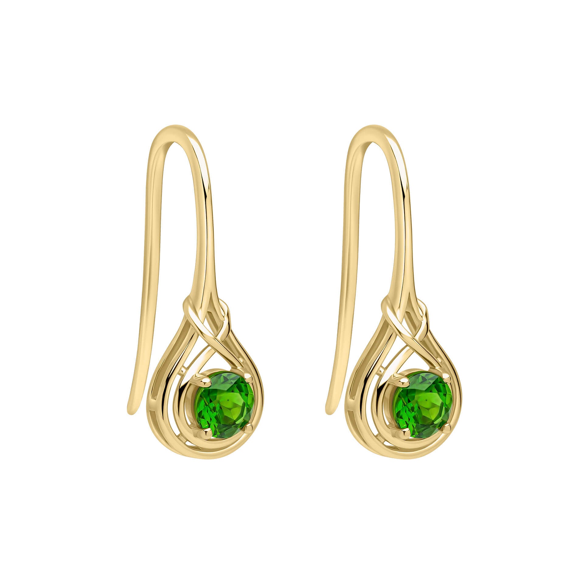 9ct Gold Celtic Chrome Diopside drop hook earrings on white background
