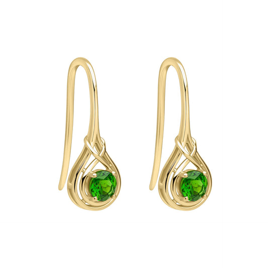 9ct Gold Celtic Chrome Diopside drop hook earrings on white background