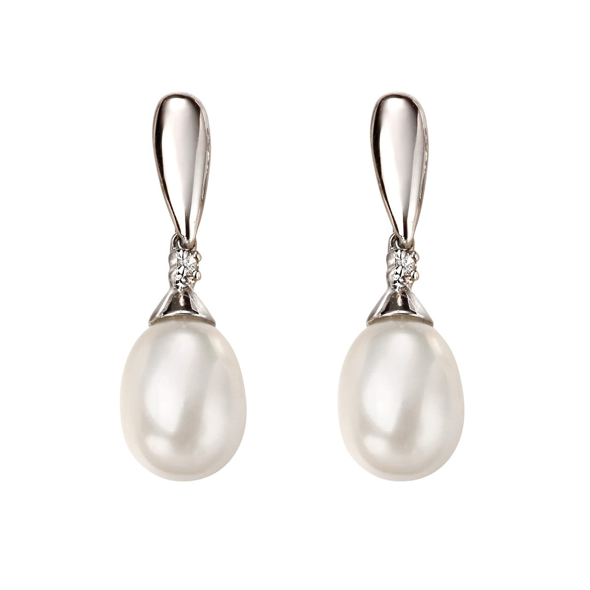 9ct Gold Freshwater Pearl & Diamond Drop Earrings on white background