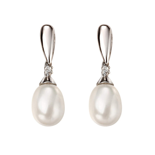 9ct Gold Freshwater Pearl & Diamond Drop Earrings on white background