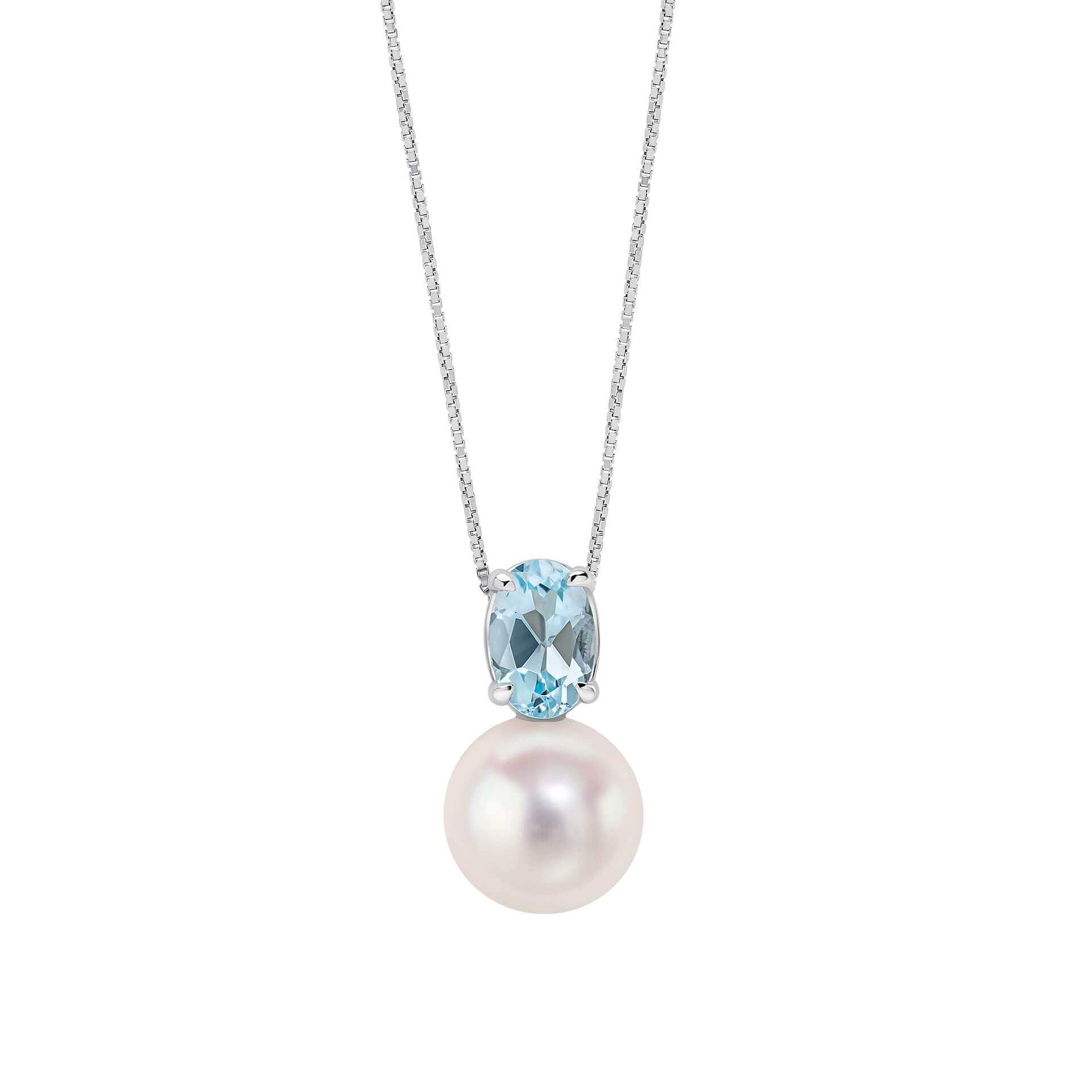9ct Gold Freshwater Pearl & Sky Blue Topaz Pendant & Chain on white background 