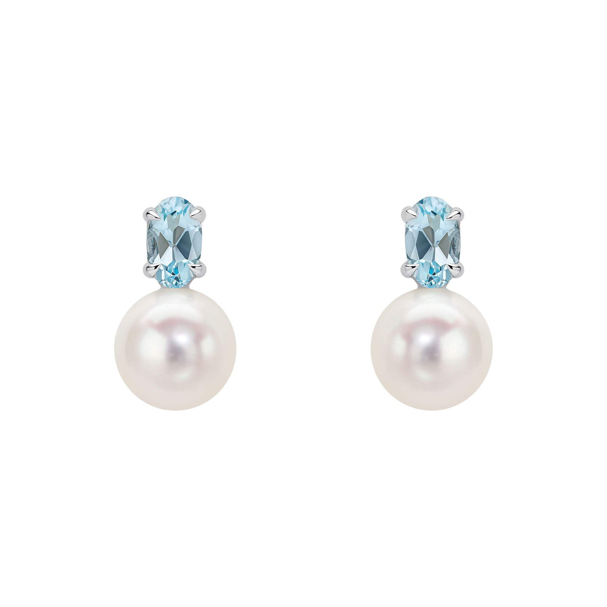 9ct Gold Freshwater Pearl & Sky Blue Topaz earrings on white background