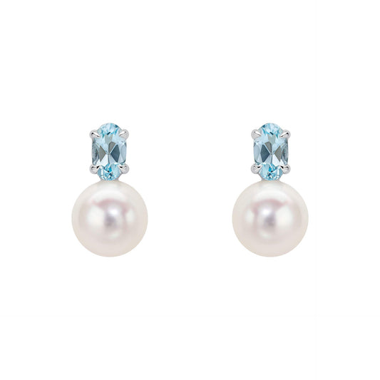 9ct Gold Freshwater Pearl & Sky Blue Topaz earrings on white background