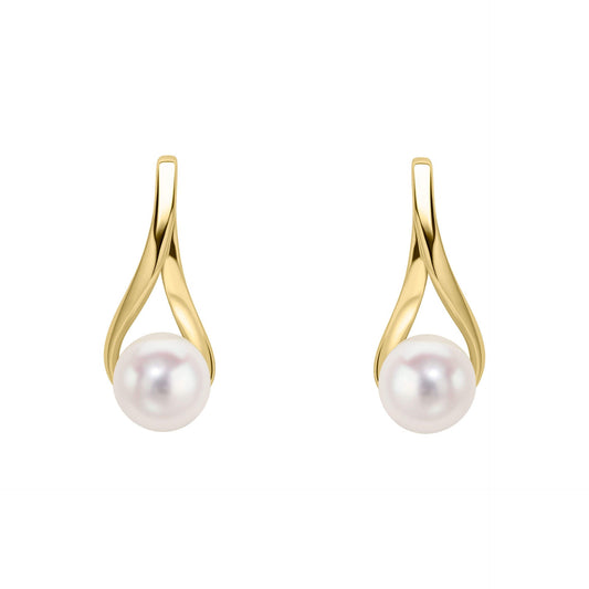 9ct Gold Freshwater Pearl Twist earrings on white background 