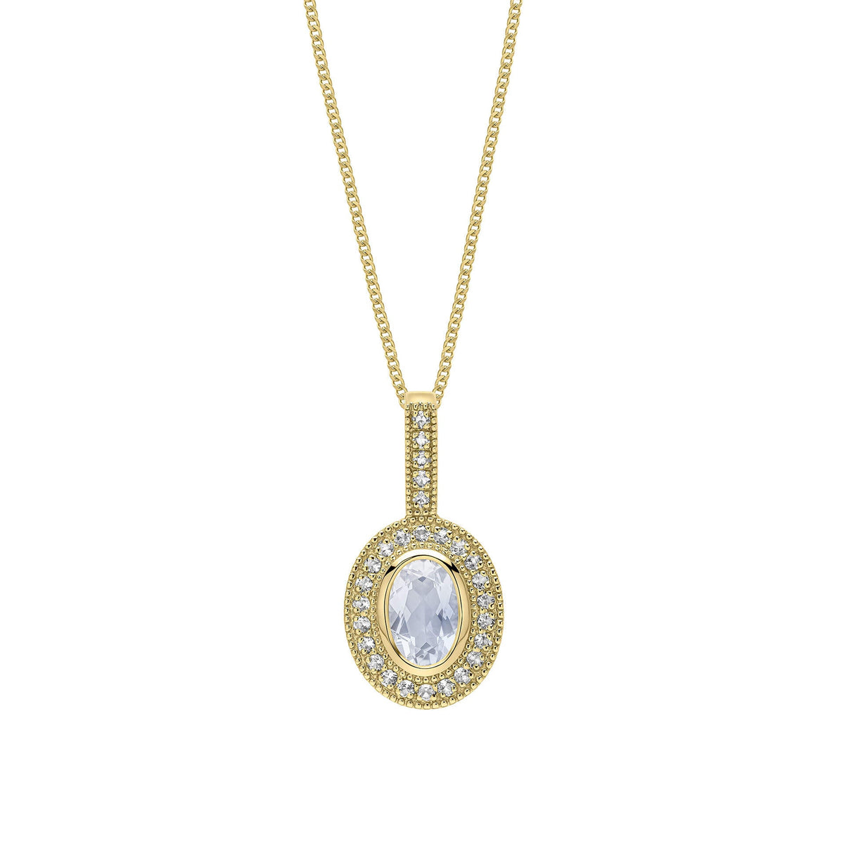 9ct Gold Oval Blue Moonstone & White Topaz Pendant necklace on white background 