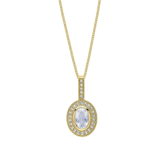 9ct Gold Oval Blue Moonstone & White Topaz Pendant necklace on white background 