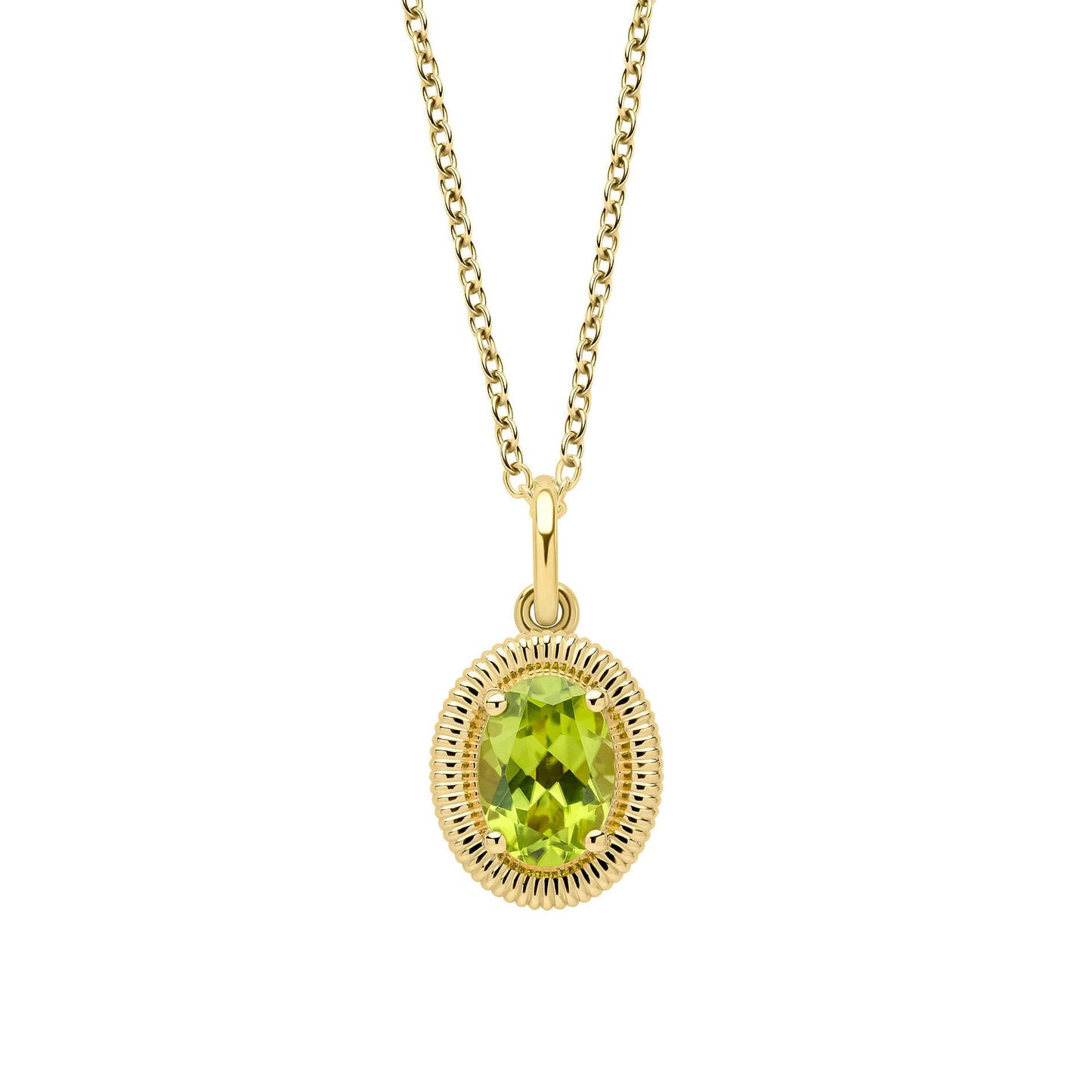 9ct Gold Peridot Oval Ridged Pendant & Chain necklace on white background