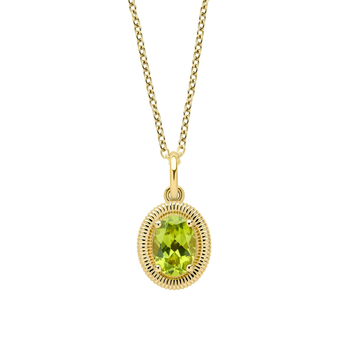 9ct Gold Peridot Oval Ridged Pendant & Chain necklace on white background