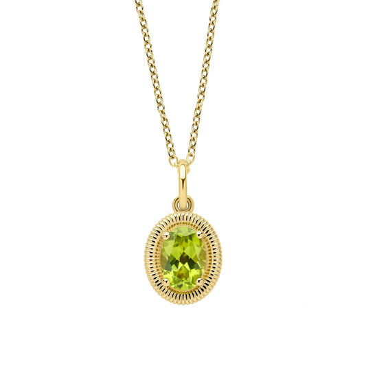 9ct Gold Peridot Oval Ridged Pendant & Chain necklace on white background