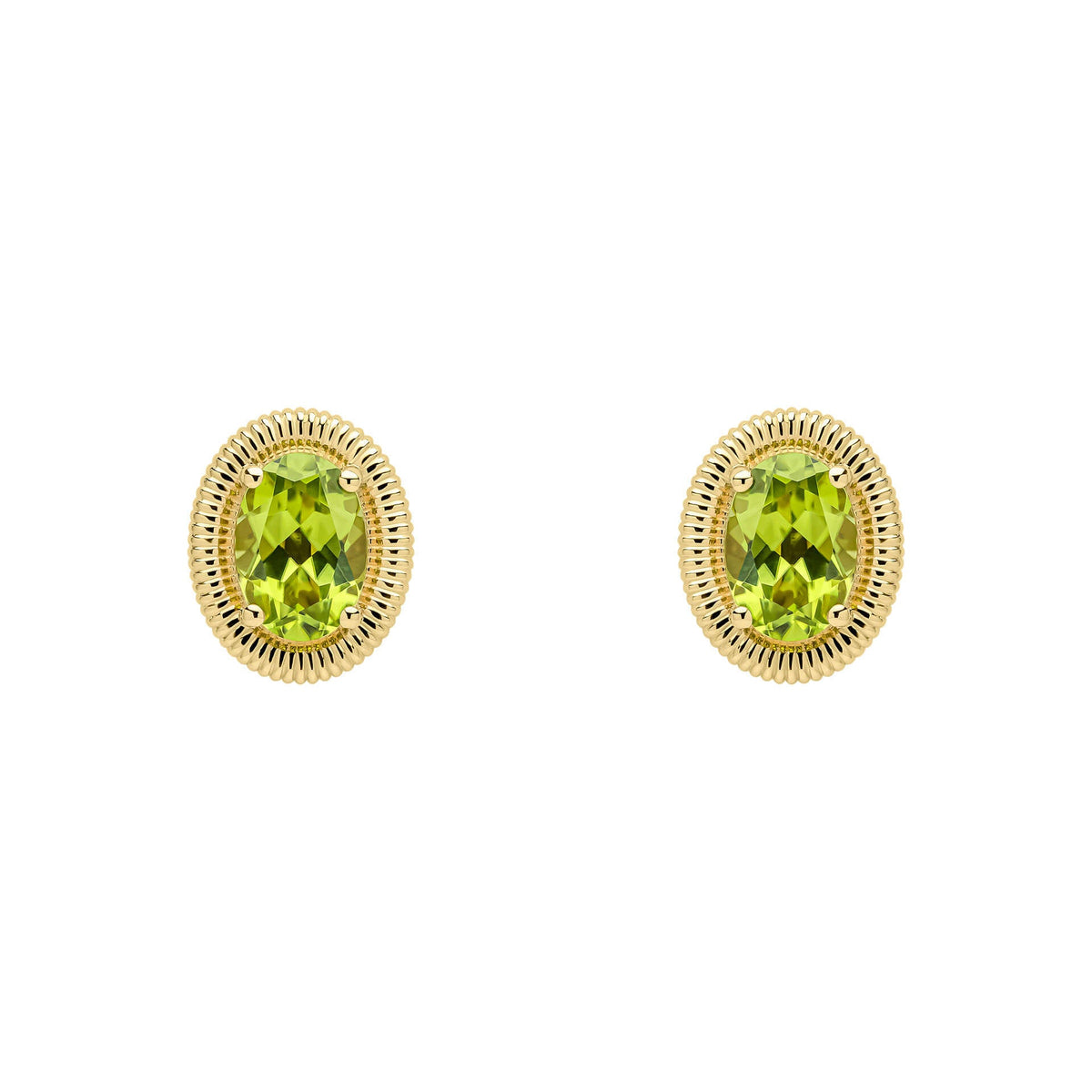 9ct Gold Peridot Oval Ridged Stud Earrings on white background 