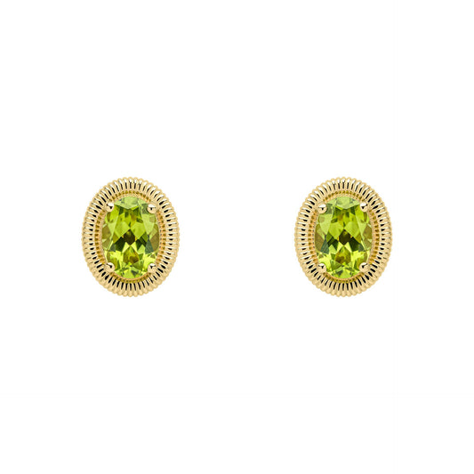 9ct Gold Peridot Oval Ridged Stud Earrings on white background 