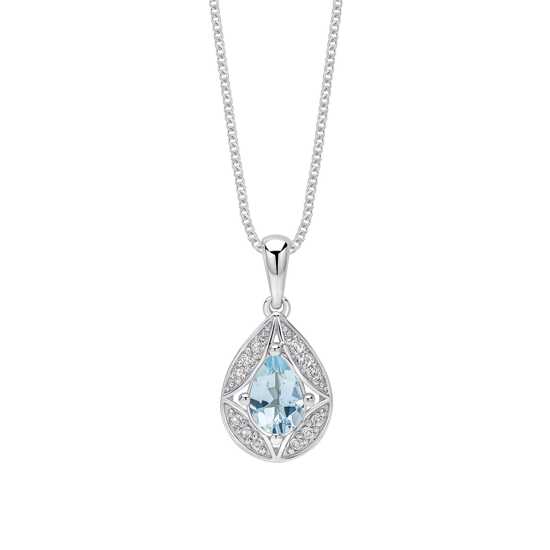 9ct White Gold Aquamarine & White Topaz Art Deco Pendant necklace on white background