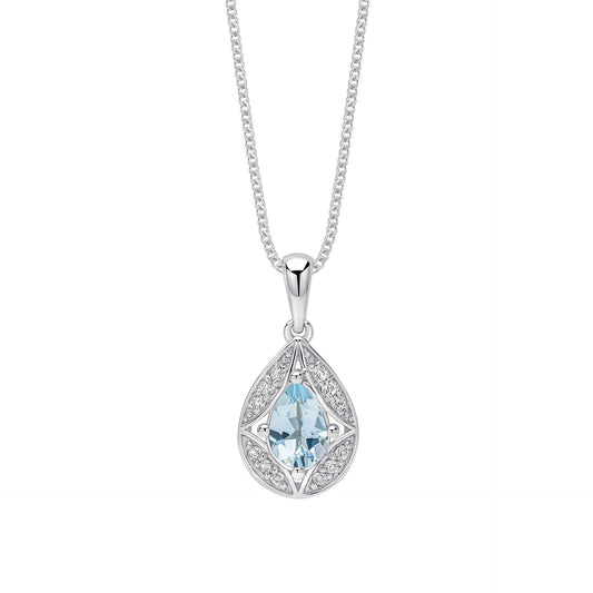 9ct White Gold Aquamarine & White Topaz Art Deco Pendant necklace on white background