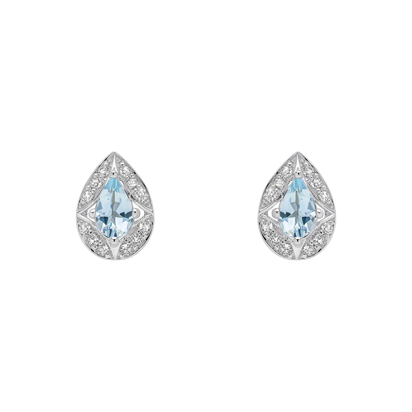 9ct White Gold Aquamarine & White Topaz Art Deco stud earrings on white background