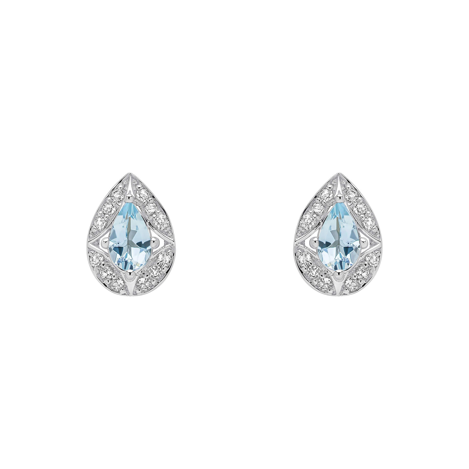 9ct White Gold Aquamarine & White Topaz Art Deco stud earrings on white background