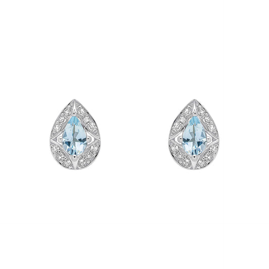 9ct White Gold Aquamarine & White Topaz Art Deco stud earrings on white background