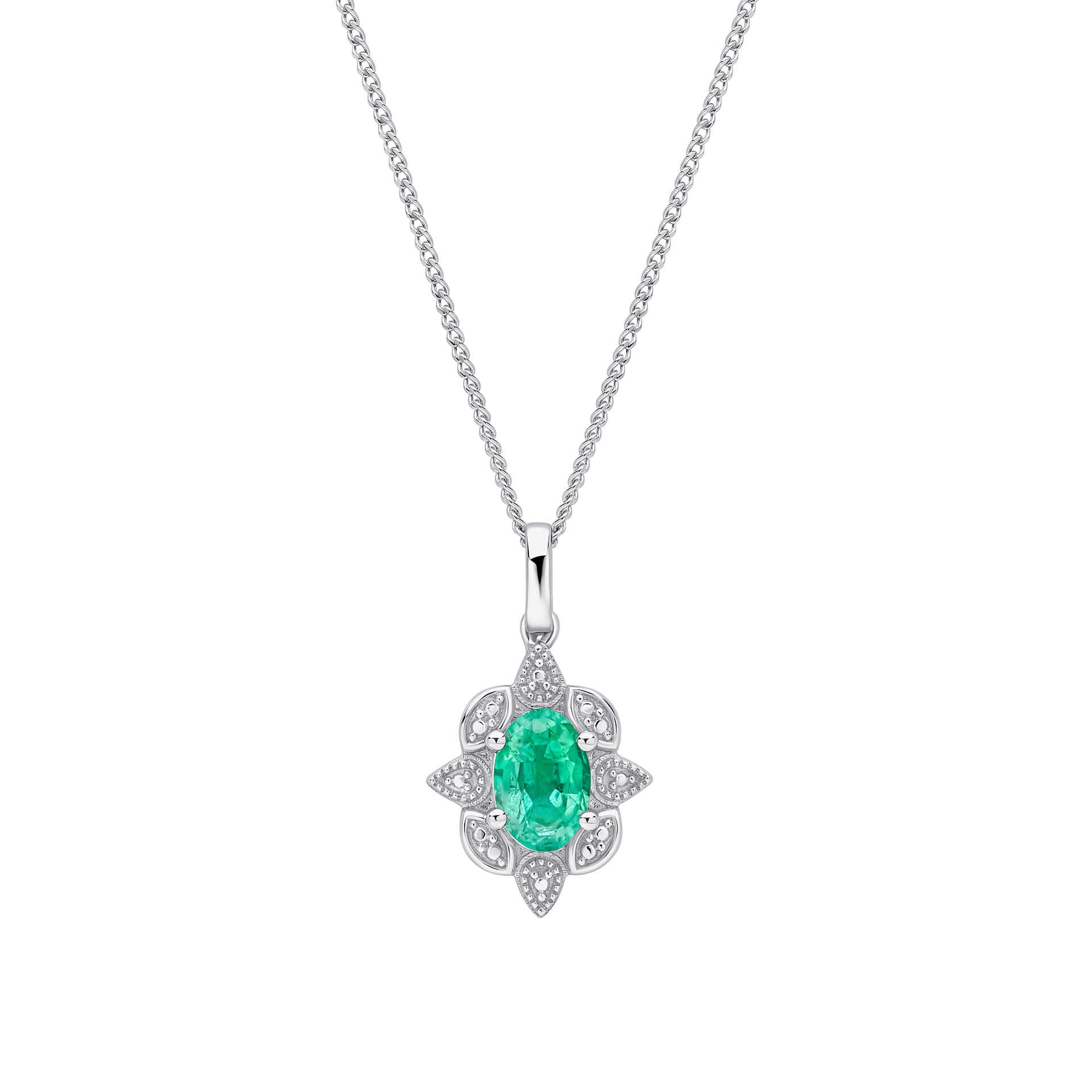 9ct White Gold Emerald Art Deco Pendant & Chain necklace on white background
