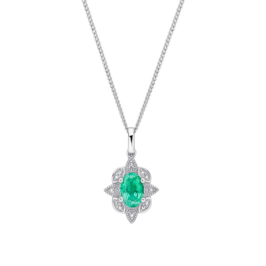 9ct White Gold Emerald Art Deco Pendant & Chain necklace on white background