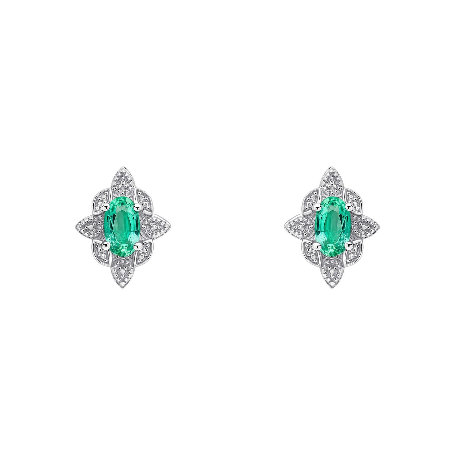 9ct White Gold Emerald Art Deco stud earrings on white background