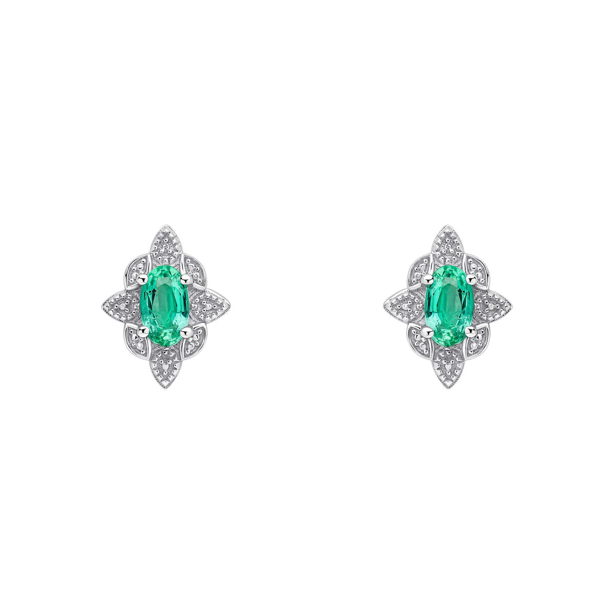 9ct White Gold Emerald Art Deco stud earrings on white background