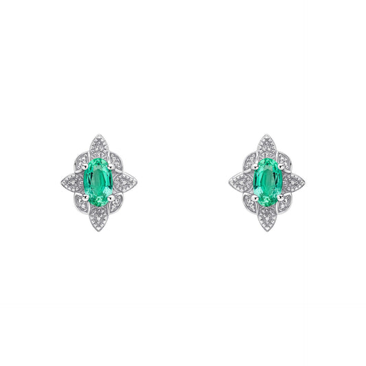 9ct White Gold Emerald Art Deco stud earrings on white background