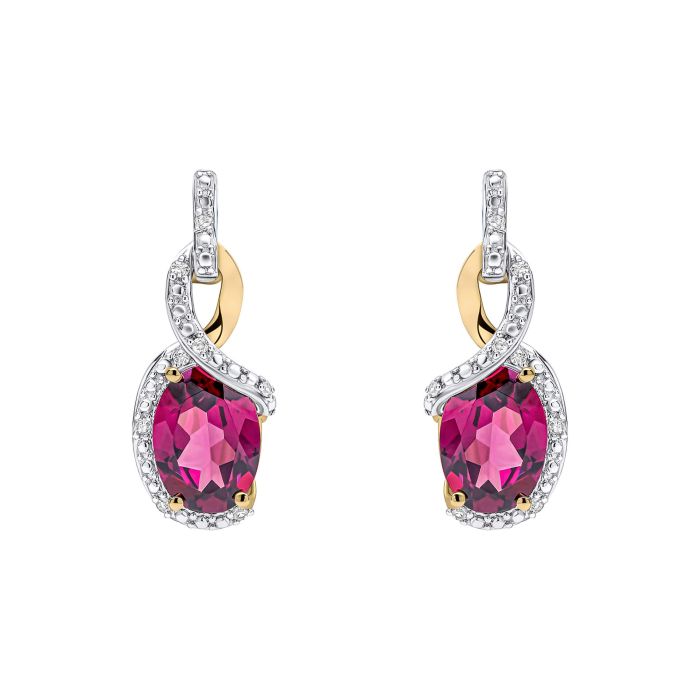 White background with a pair of Elegant Twist Garnet Drop Earrings in 9ct Gold