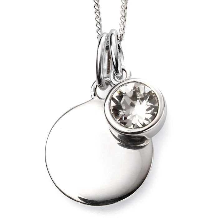 Close-up of April Birthstone Necklace with Engravable Disc in Sterling Silver, elegant pendant on a white background, perfect personalized gift for April birthdays.
