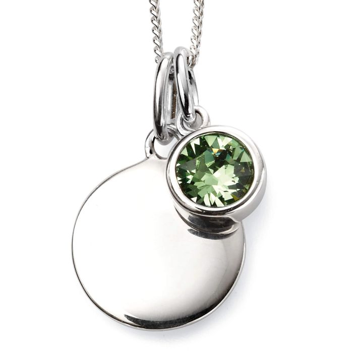 Close-up of August Birthstone Necklace with Engravable Disc in Sterling Silver, elegant pendant on a white background, perfect personalized gift for August birthdays.