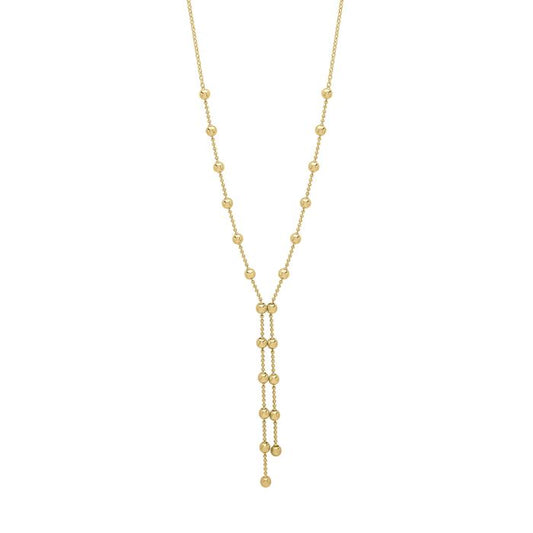 Ball Chain Lariat Gold Long Necklace, featuring a sleek and stylish long gold chain with interlinked ball details, designed as a lariat for added elegance and versatility, perfect for complementing any outfit with a modern and luxurious touch.