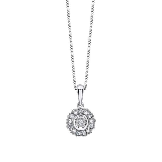 Bezel Set Diamond Cluster White Gold Pendant Necklace